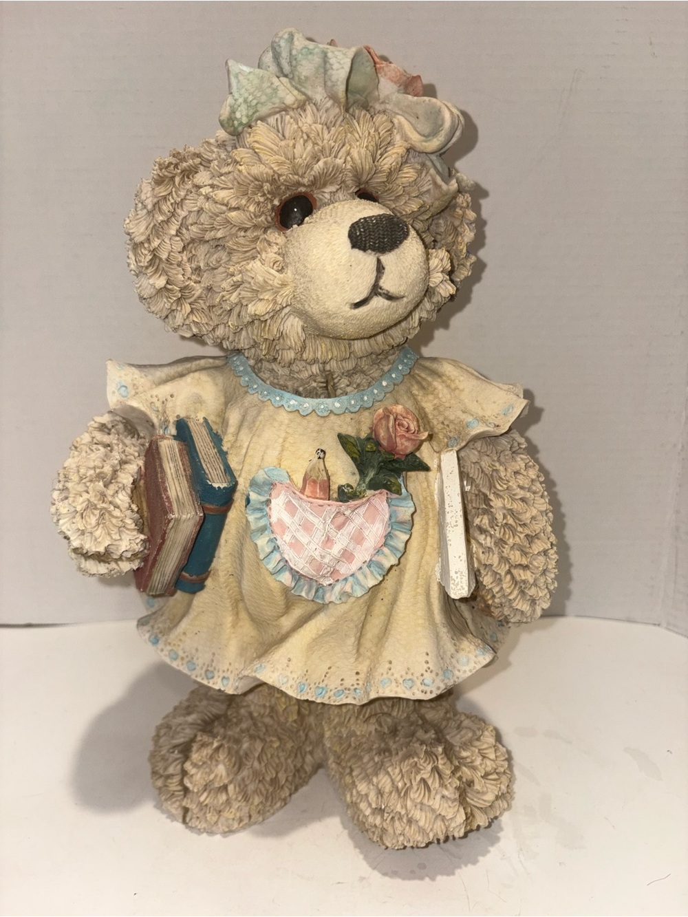 Decorative Beige Teddy Bear Figurine with Pastel Dress, 13” Tall